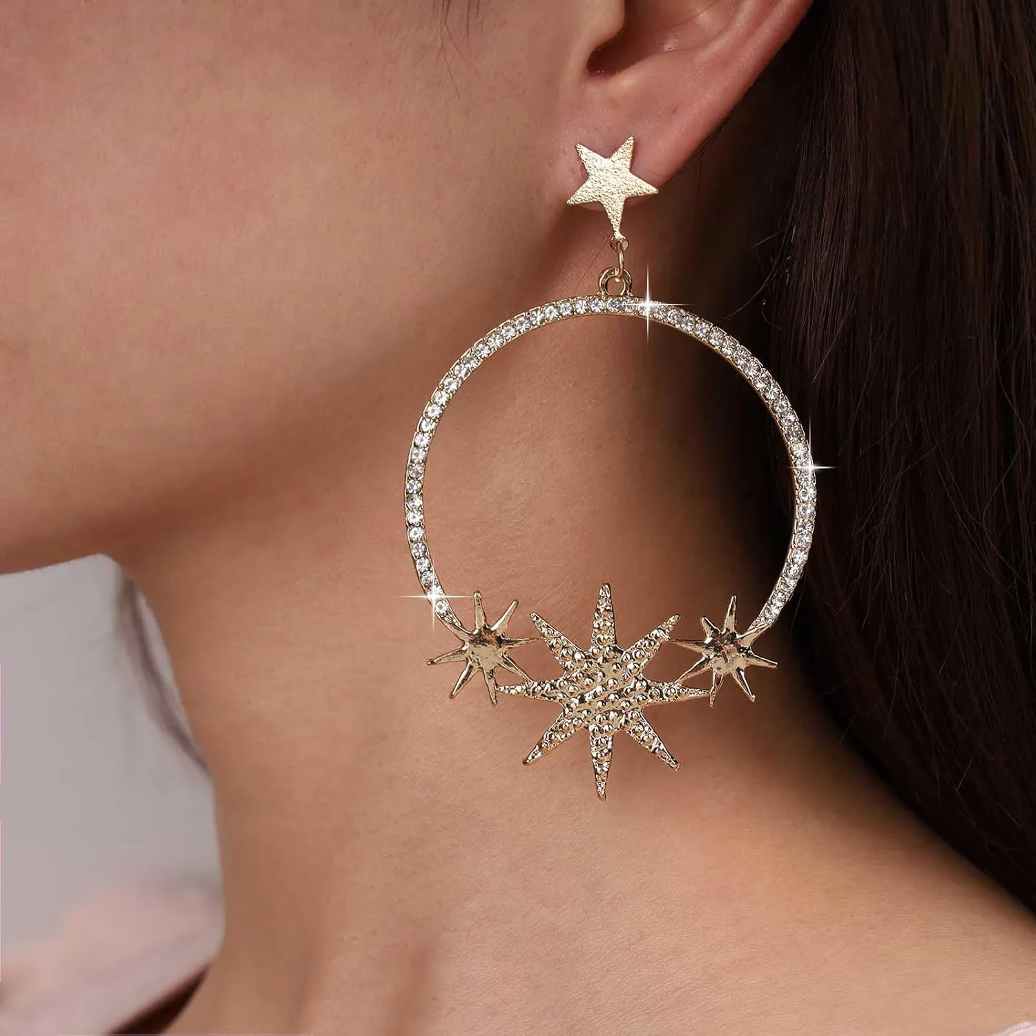 Boho Open Circle Dangle Earrings Sunburst Star Earrings Large Crystal Circle Drop Earrings Gold Celestial Northstar Earrings Jewelry for Women and Girls