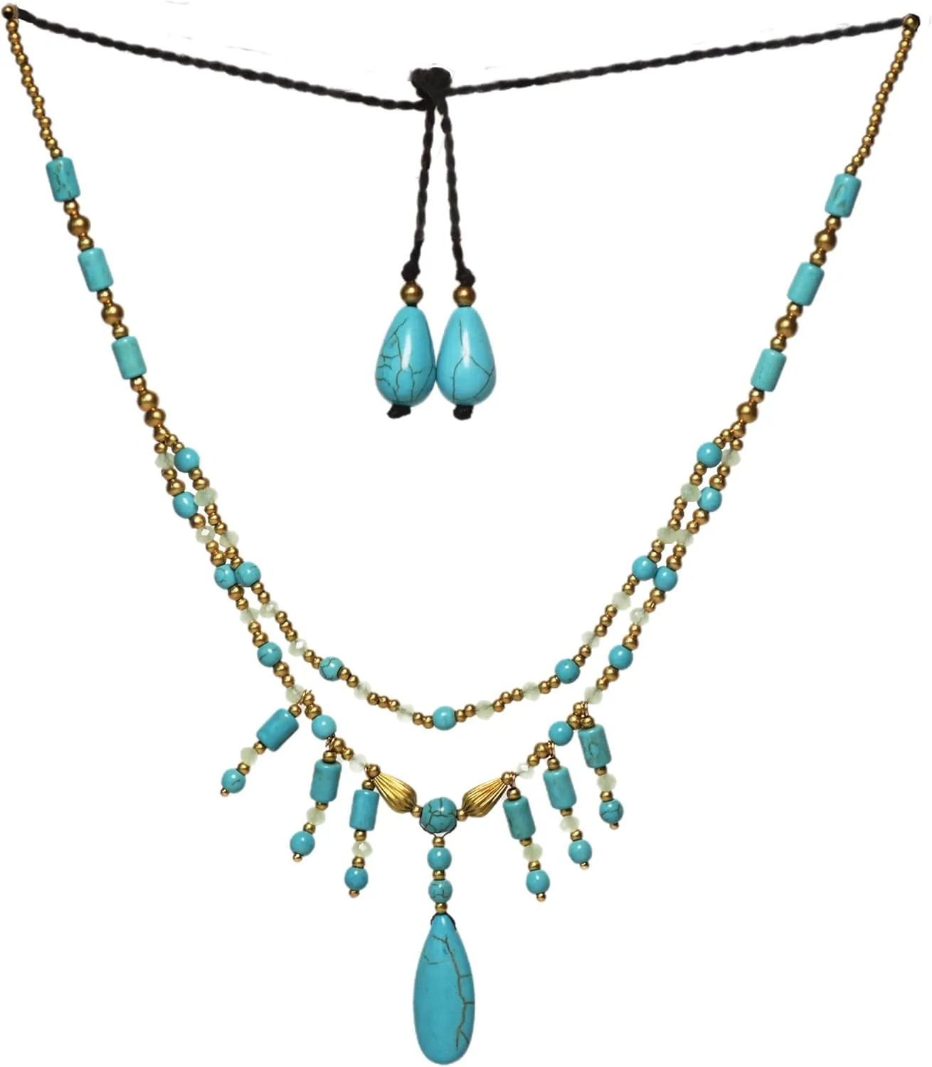 Boho Turquoise Bead strand Necklace with waterdrop pendantGold Accents & Adjustable Chain  Handcrafted Layered Jewelry Gift for Women, Mom, Wife