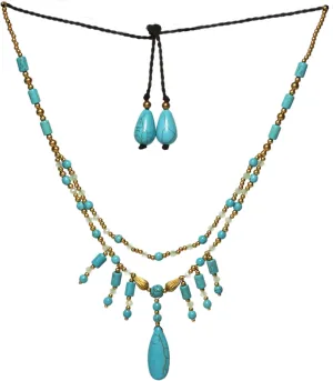 Boho Turquoise Bead strand Necklace with waterdrop pendantGold Accents & Adjustable Chain  Handcrafted Layered Jewelry Gift for Women, Mom, Wife