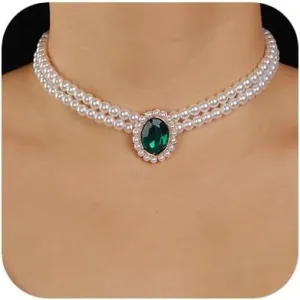 Boho Women Multilayer 1920s Necklace Silver Gold Dainty Pearls Layered Choker Necklaces Handmade Beads Fashion Chunky Pendant Multilayer Adjustable Layering Chain Necklaces Set for Women (Green 2)