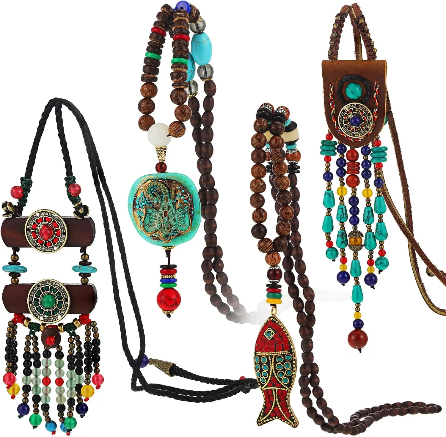 Bonuci 4 Pcs Long Boho Necklaces for Women Vintage Wooden Beaded Necklace Bohemian Handmade Turquoise Jewelry Gift(Vibrant Style)