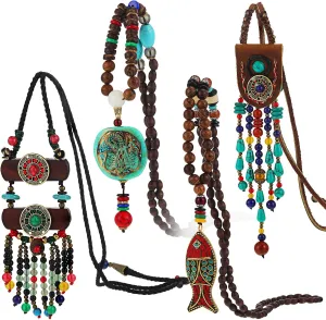 Bonuci 4 Pcs Long Boho Necklaces for Women Vintage Wooden Beaded Necklace Bohemian Handmade Turquoise Jewelry Gift(Vibrant Style)
