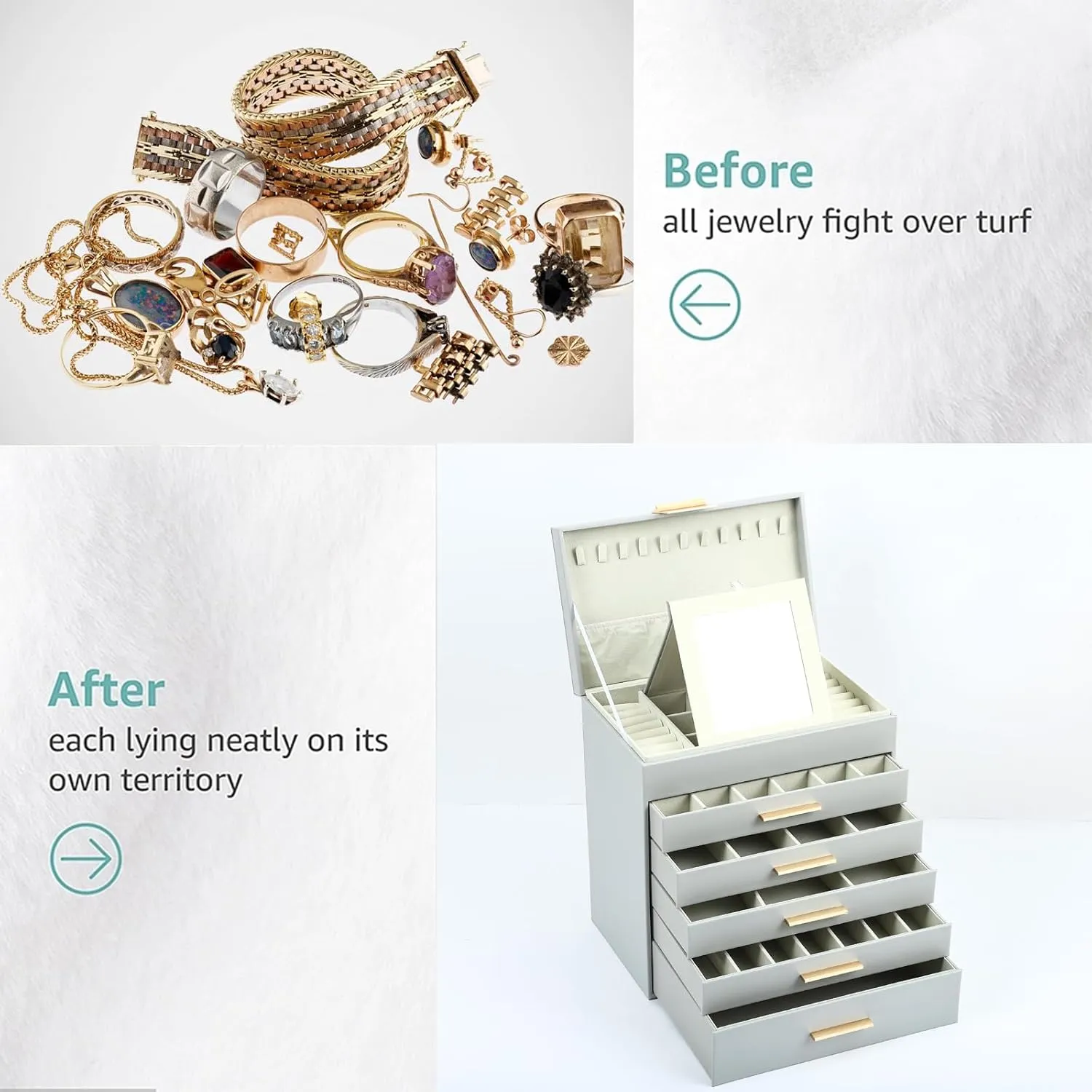 BOOVO Jewelry Box with Necklace Hanger  6 layer Jewelry Organizer for Women with 5 Drawers, Large Jewelry Storage Boxes Jewelry Organizers and Storage for Earrings, Necklaces (Grey, 6 layer)