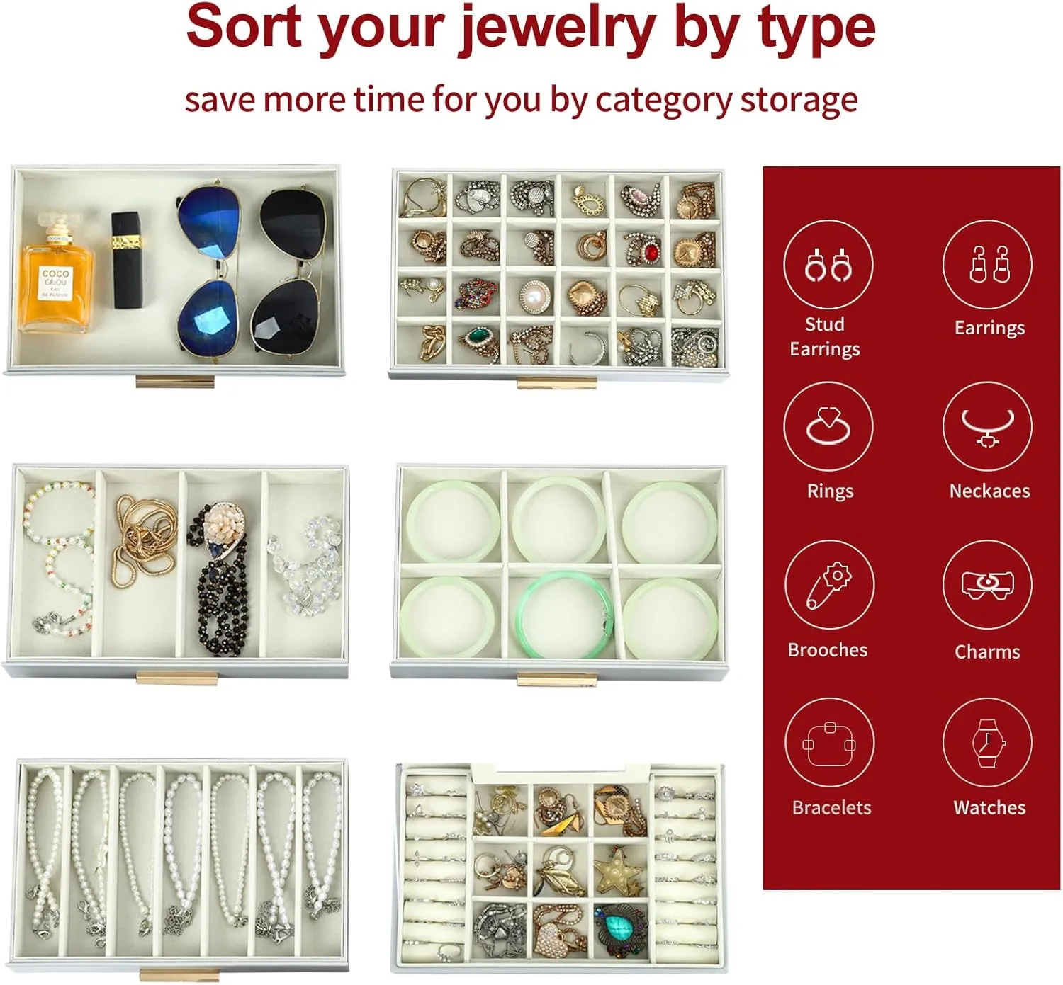 BOOVO Jewelry Box with Necklace Hanger  6 layer Jewelry Organizer for Women with 5 Drawers, Large Jewelry Storage Boxes Jewelry Organizers and Storage for Earrings, Necklaces (Grey, 6 layer)