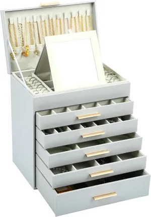 BOOVO Jewelry Box with Necklace Hanger  6 layer Jewelry Organizer for Women with 5 Drawers, Large Jewelry Storage Boxes Jewelry Organizers and Storage for Earrings, Necklaces (Grey, 6 layer)