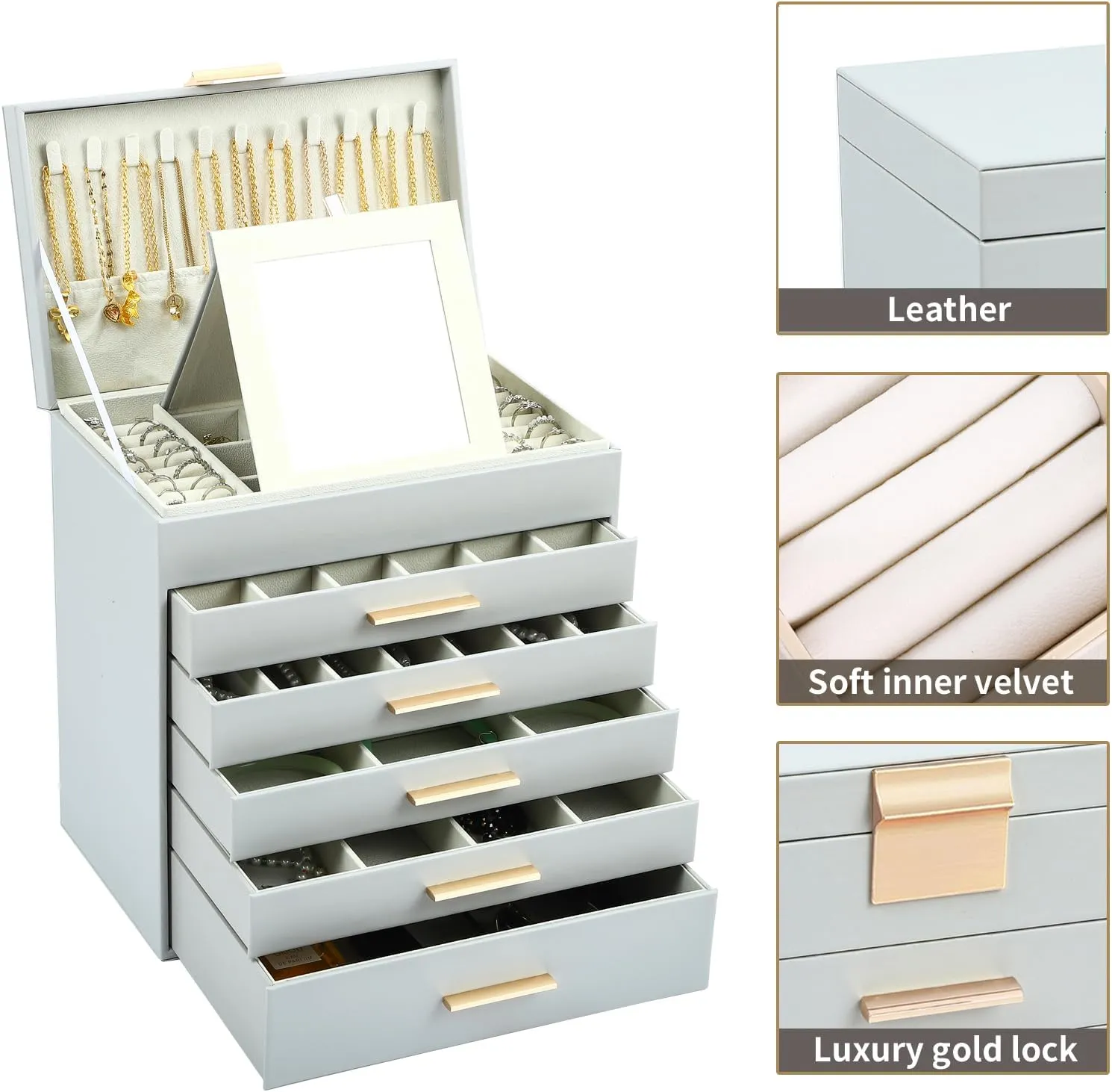 BOOVO Jewelry Box with Necklace Hanger  6 layer Jewelry Organizer for Women with 5 Drawers, Large Jewelry Storage Boxes Jewelry Organizers and Storage for Earrings, Necklaces (Grey, 6 layer)