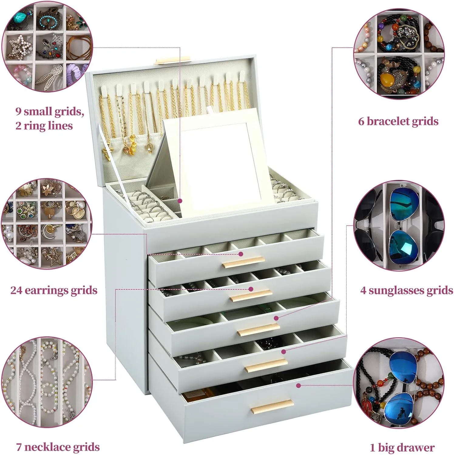 BOOVO Jewelry Box with Necklace Hanger  6 layer Jewelry Organizer for Women with 5 Drawers, Large Jewelry Storage Boxes Jewelry Organizers and Storage for Earrings, Necklaces (Grey, 6 layer)