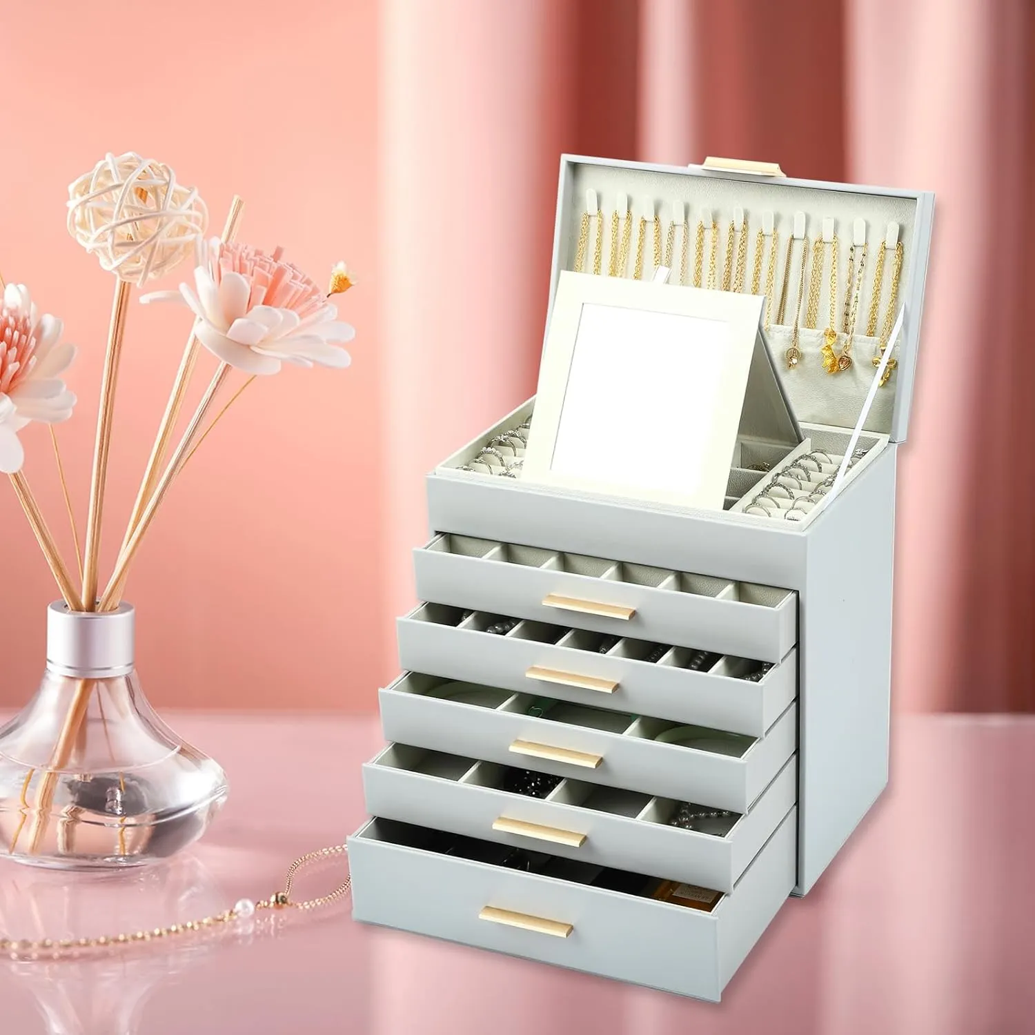 BOOVO Jewelry Box with Necklace Hanger  6 layer Jewelry Organizer for Women with 5 Drawers, Large Jewelry Storage Boxes Jewelry Organizers and Storage for Earrings, Necklaces (Grey, 6 layer)