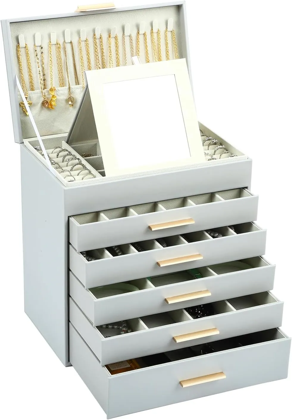 BOOVO Jewelry Box with Necklace Hanger  6 layer Jewelry Organizer for Women with 5 Drawers, Large Jewelry Storage Boxes Jewelry Organizers and Storage for Earrings, Necklaces (Grey, 6 layer)