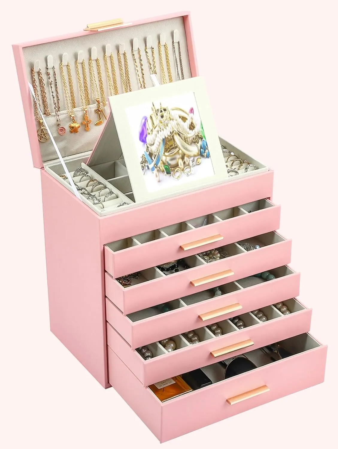 BOOVO Jewelry Box with Necklace Hanger  6 layer Jewelry Organizer for Women with 5 Drawers, Large Jewelry Storage Boxes Jewelry Organizers and Storage for Earrings, Necklaces (Pink, 6 layer)