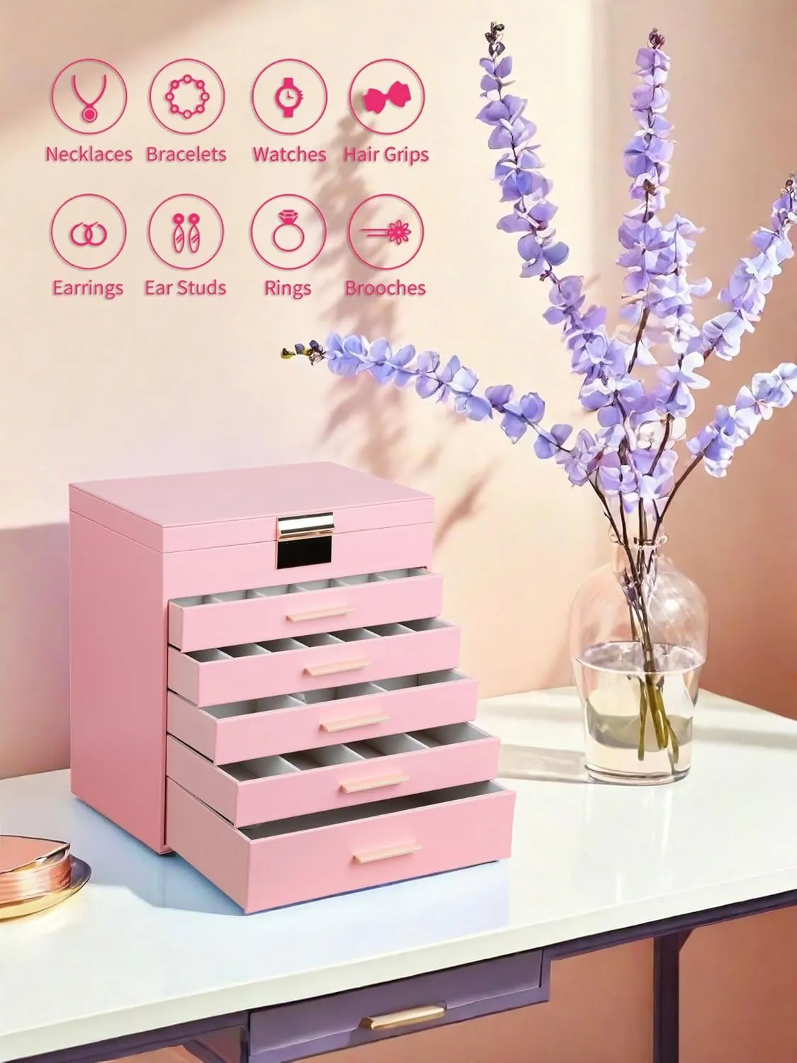 BOOVO Jewelry Box with Necklace Hanger  6 layer Jewelry Organizer for Women with 5 Drawers, Large Jewelry Storage Boxes Jewelry Organizers and Storage for Earrings, Necklaces (Pink, 6 layer)