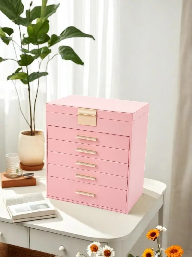 BOOVO Jewelry Box with Necklace Hanger  6 layer Jewelry Organizer for Women with 5 Drawers, Large Jewelry Storage Boxes Jewelry Organizers and Storage for Earrings, Necklaces (Pink, 6 layer)