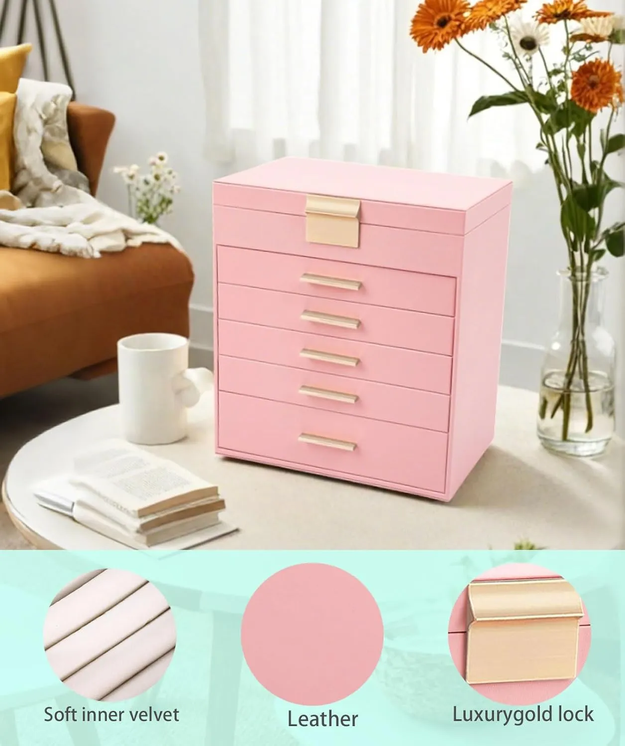 BOOVO Jewelry Box with Necklace Hanger  6 layer Jewelry Organizer for Women with 5 Drawers, Large Jewelry Storage Boxes Jewelry Organizers and Storage for Earrings, Necklaces (Pink, 6 layer)