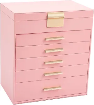 BOOVO Jewelry Box with Necklace Hanger  6 layer Jewelry Organizer for Women with 5 Drawers, Large Jewelry Storage Boxes Jewelry Organizers and Storage for Earrings, Necklaces (Pink, 6 layer)