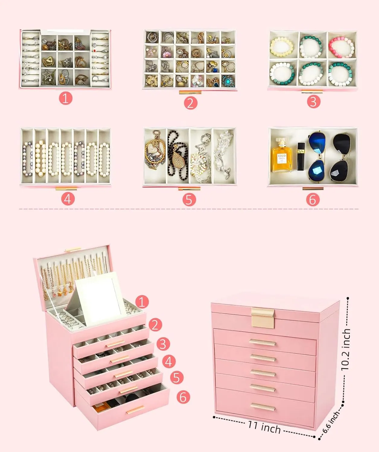 BOOVO Jewelry Box with Necklace Hanger  6 layer Jewelry Organizer for Women with 5 Drawers, Large Jewelry Storage Boxes Jewelry Organizers and Storage for Earrings, Necklaces (Pink, 6 layer)