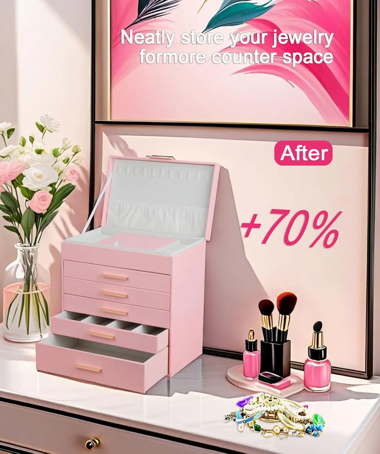 BOOVO Jewelry Box with Necklace Hanger  6 layer Jewelry Organizer for Women with 5 Drawers, Large Jewelry Storage Boxes Jewelry Organizers and Storage for Earrings, Necklaces (Pink, 6 layer)