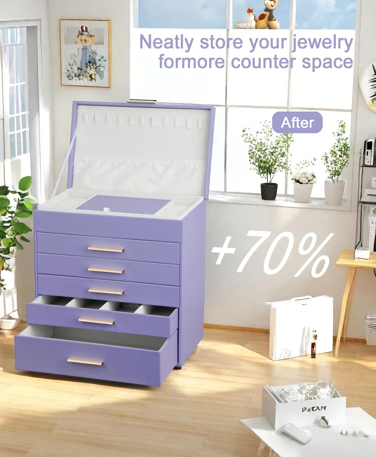 BOOVO Jewelry Box with Necklace Hanger  6 layer Jewelry Organizer for Women with 5 Drawers, Large Jewelry Storage Boxes Jewelry Organizers and Storage for Earrings, Necklaces (Purple, 6 layer)