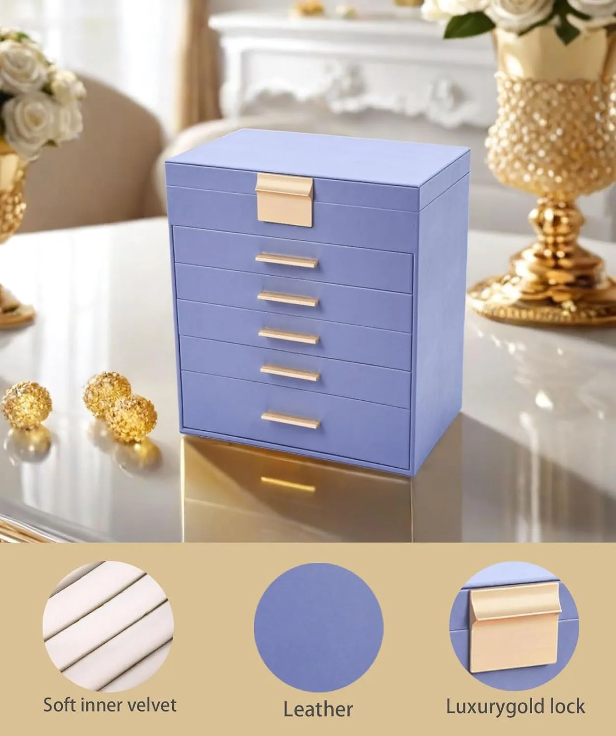 BOOVO Jewelry Box with Necklace Hanger  6 layer Jewelry Organizer for Women with 5 Drawers, Large Jewelry Storage Boxes Jewelry Organizers and Storage for Earrings, Necklaces (Purple, 6 layer)