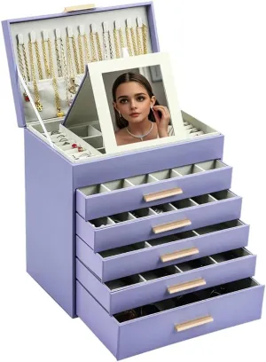 BOOVO Jewelry Box with Necklace Hanger  6 layer Jewelry Organizer for Women with 5 Drawers, Large Jewelry Storage Boxes Jewelry Organizers and Storage for Earrings, Necklaces (Purple, 6 layer)