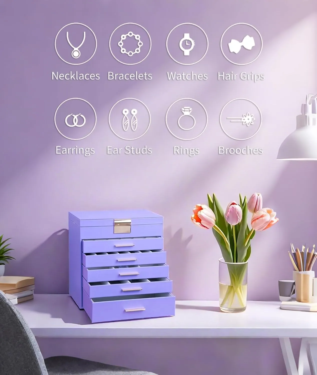 BOOVO Jewelry Box with Necklace Hanger  6 layer Jewelry Organizer for Women with 5 Drawers, Large Jewelry Storage Boxes Jewelry Organizers and Storage for Earrings, Necklaces (Purple, 6 layer)