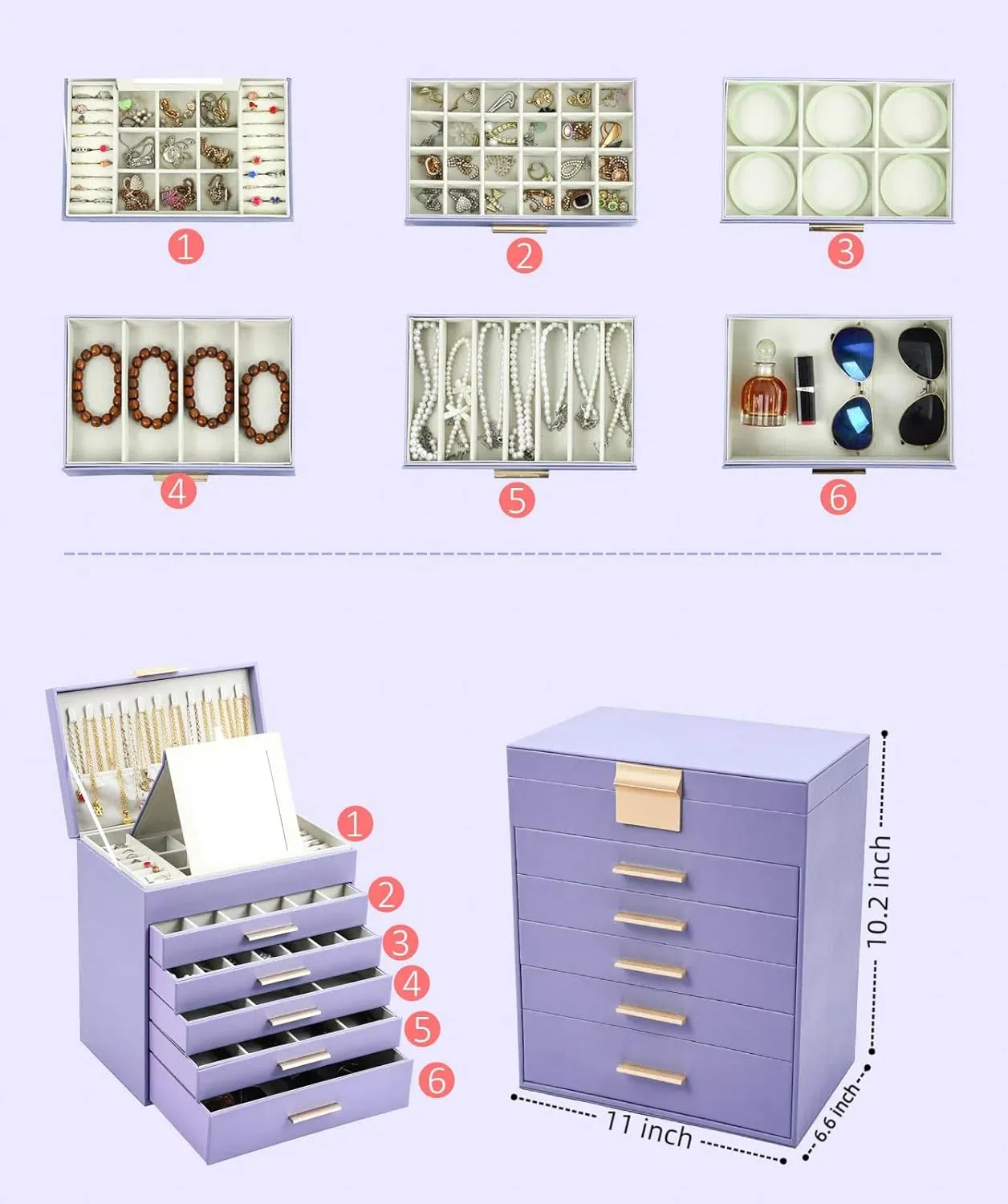 BOOVO Jewelry Box with Necklace Hanger  6 layer Jewelry Organizer for Women with 5 Drawers, Large Jewelry Storage Boxes Jewelry Organizers and Storage for Earrings, Necklaces (Purple, 6 layer)