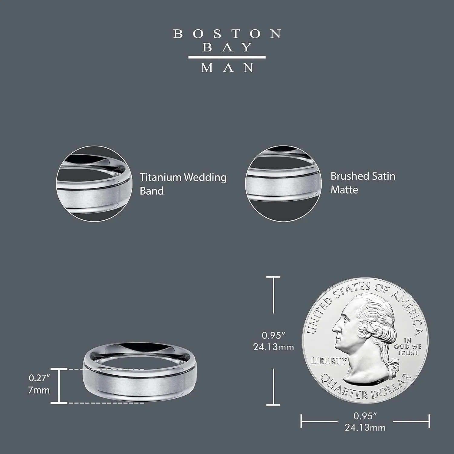 Boston Bay Diamonds Silver Titanium Unisex Comfort Fit Mens Wedding Band or Fashion Ring - 6mm & 7mm -Choice of Style