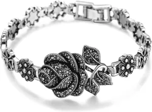 Bracelets for Women, Vintage Black Onxy Chain Link Silver Rose Flower Design Marcasite Bangle Bracelets Jewelry Gift