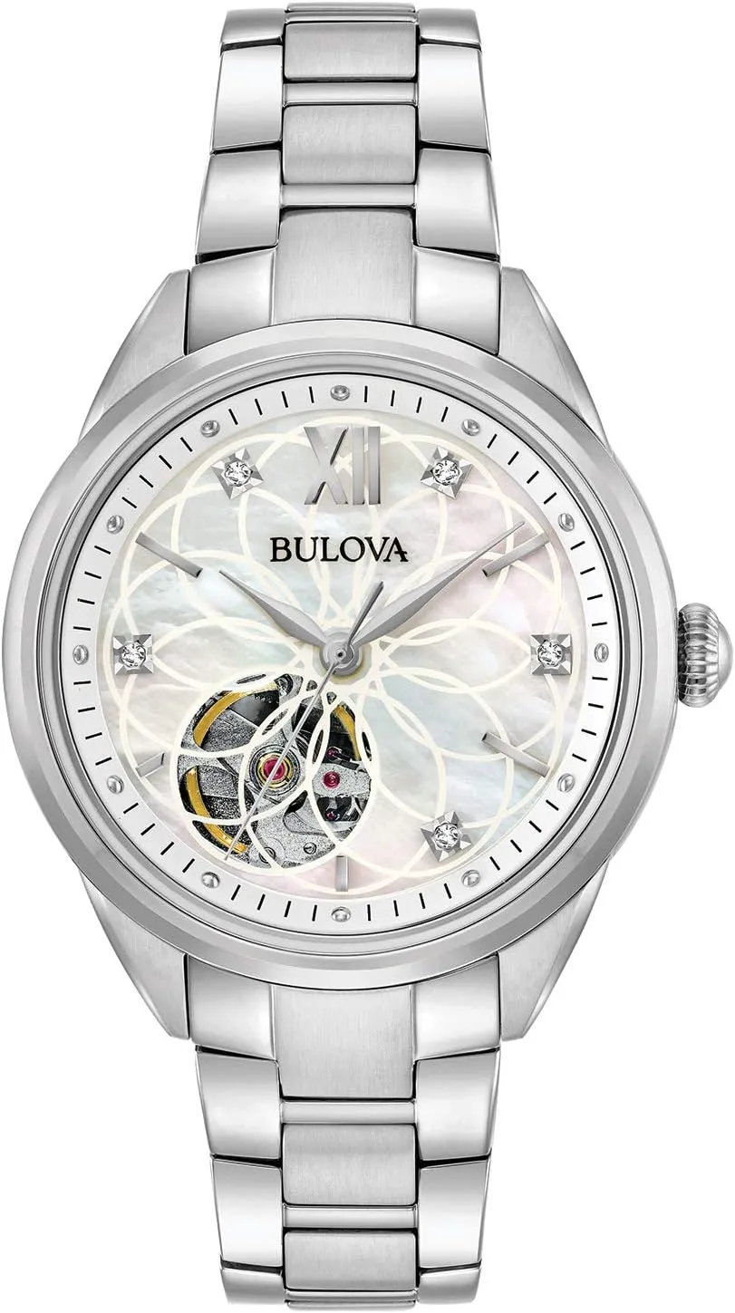 Bulova Ladies' Classic Diamond 3-Hand Automatic in Stainless Steel, Mother-of-Pearl Dial and Open Aperture Dial