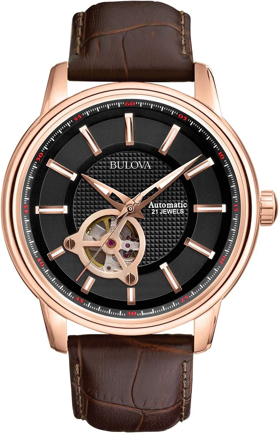Bulova Men's Classic 3-Hand Automatic Leather Strap Watch, 21-jewels, Hack Feature, Luminous Hands and Markers,Open Aperture and Exhibition Case Back Style: 97A109