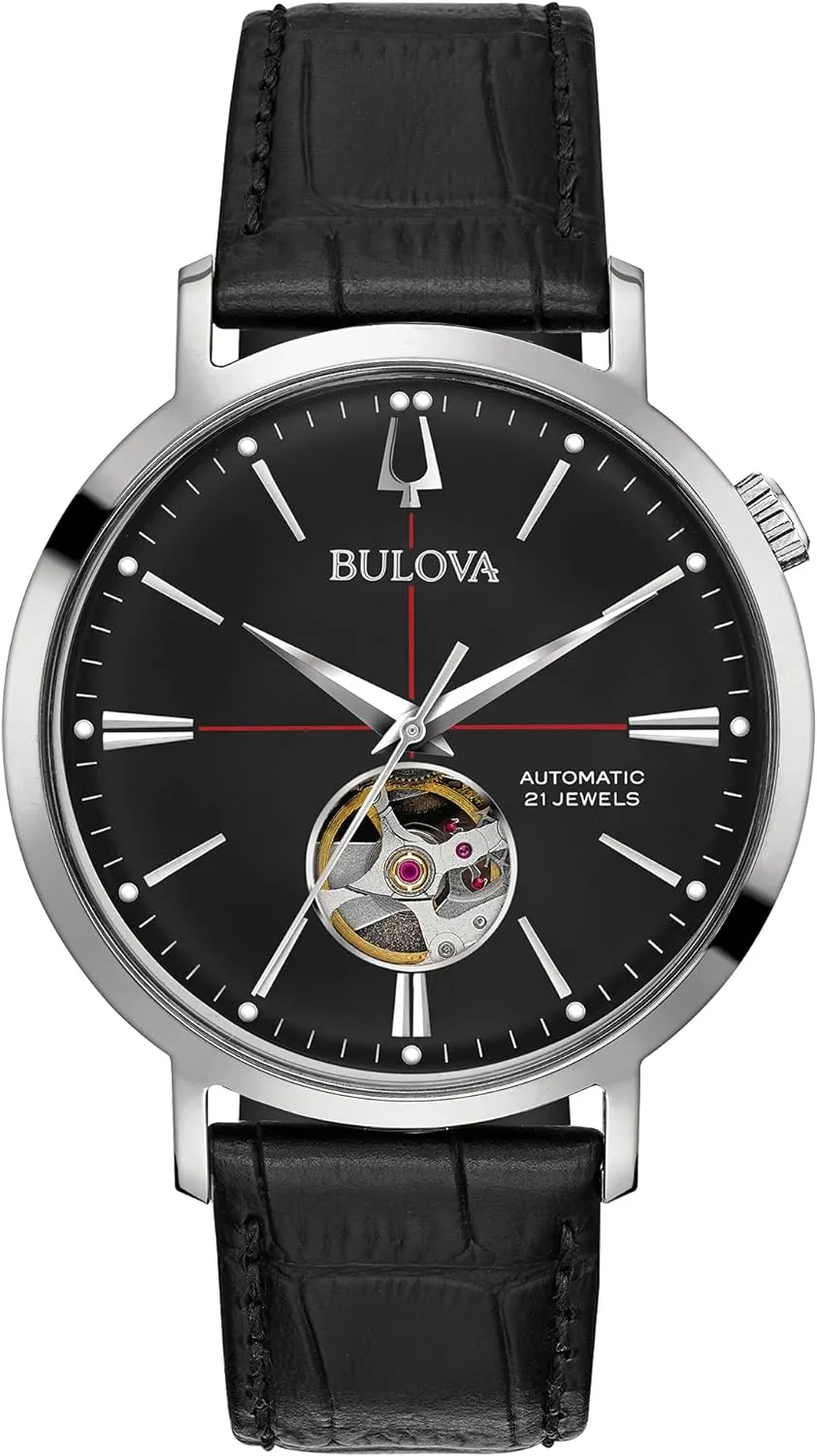 Bulova Men's Classic Aerojet 3-Hand Automatic Leather Strap Watch, Open Aperture, 40-Hour Power Reserve, Double Curved Mineral Crystal, 41mm