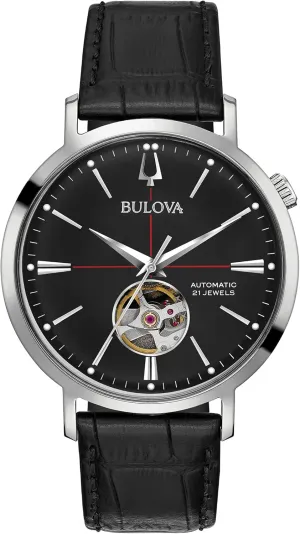 Bulova Men's Classic Aerojet 3-Hand Automatic Leather Strap Watch, Open Aperture, 40-Hour Power Reserve, Double Curved Mineral Crystal, 41mm