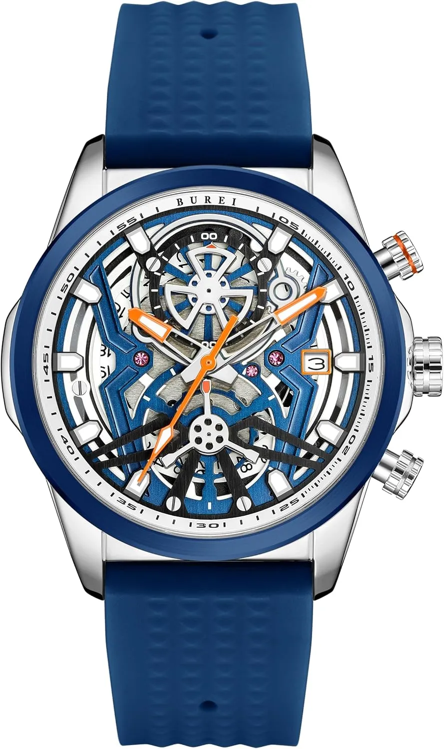 BUREI Sport Mens Watch Quartz Chronograph Calendar Watches Casual Classical Fashion Wrist Watches with Blue Silicon Strap