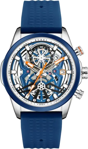BUREI Sport Mens Watch Quartz Chronograph Calendar Watches Casual Classical Fashion Wrist Watches with Blue Silicon Strap
