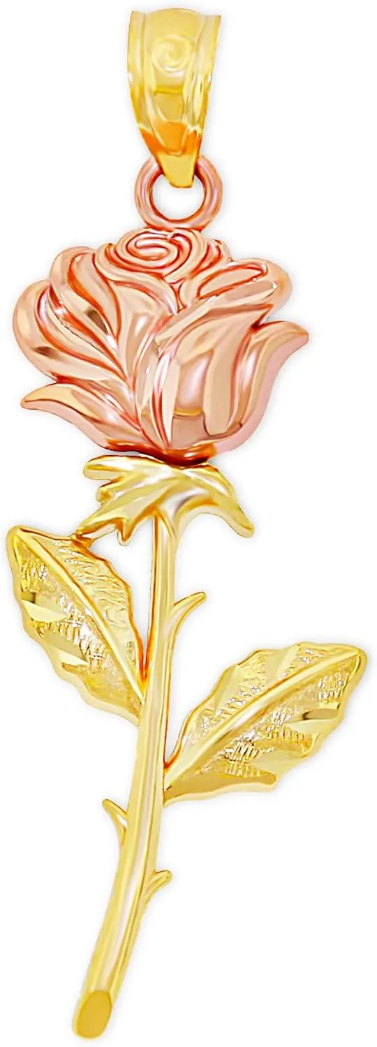 CA CHARMAMERICA Gold Long Stem Rose Pendant - Mother's Day Gift, Birthday Gift - Flower Dangle Charm - 10 Karat Solid Yellow and Rose Gold