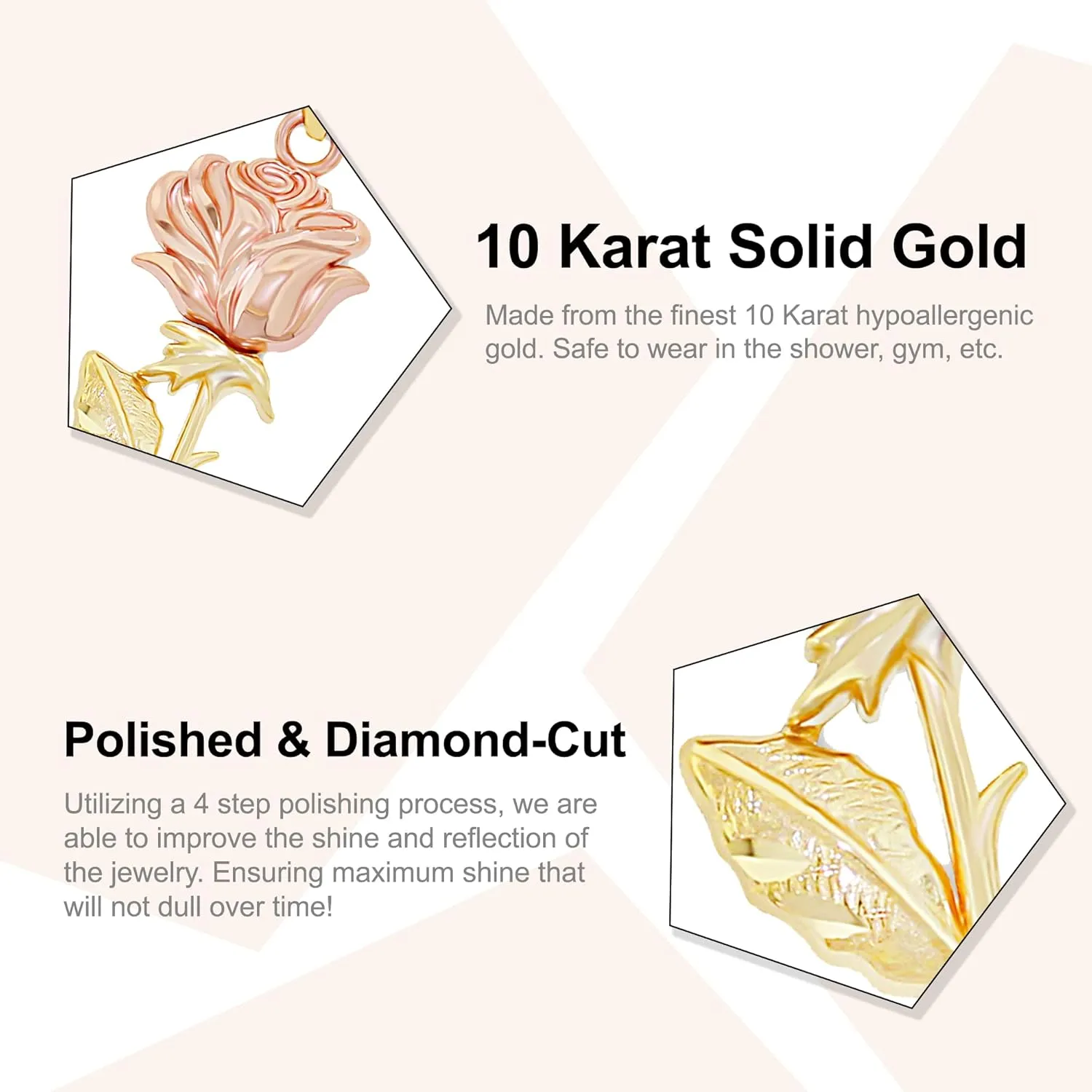 CA CHARMAMERICA Gold Long Stem Rose Pendant - Mother's Day Gift, Birthday Gift - Flower Dangle Charm - 10 Karat Solid Yellow and Rose Gold