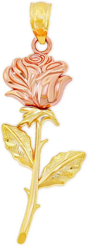 CA CHARMAMERICA Gold Long Stem Rose Pendant - Mother's Day Gift, Birthday Gift - Flower Dangle Charm - 10 Karat Solid Yellow and Rose Gold