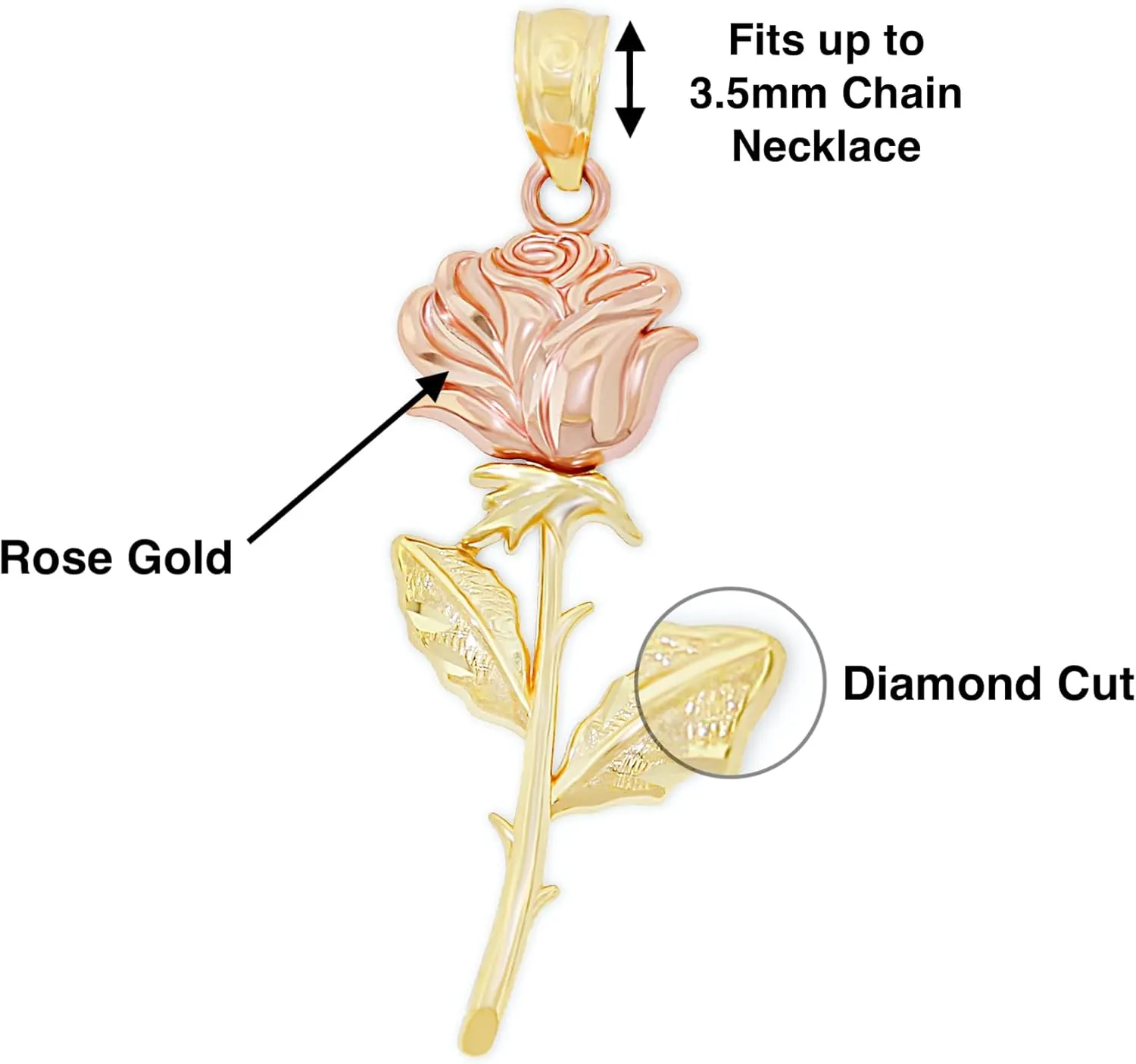 CA CHARMAMERICA Gold Long Stem Rose Pendant - Mother's Day Gift, Birthday Gift - Flower Dangle Charm - 10 Karat Solid Yellow and Rose Gold