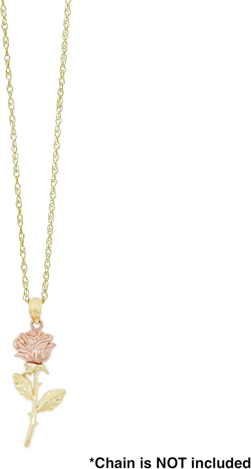 CA CHARMAMERICA Gold Long Stem Rose Pendant - Mother's Day Gift, Birthday Gift - Flower Dangle Charm - 10 Karat Solid Yellow and Rose Gold
