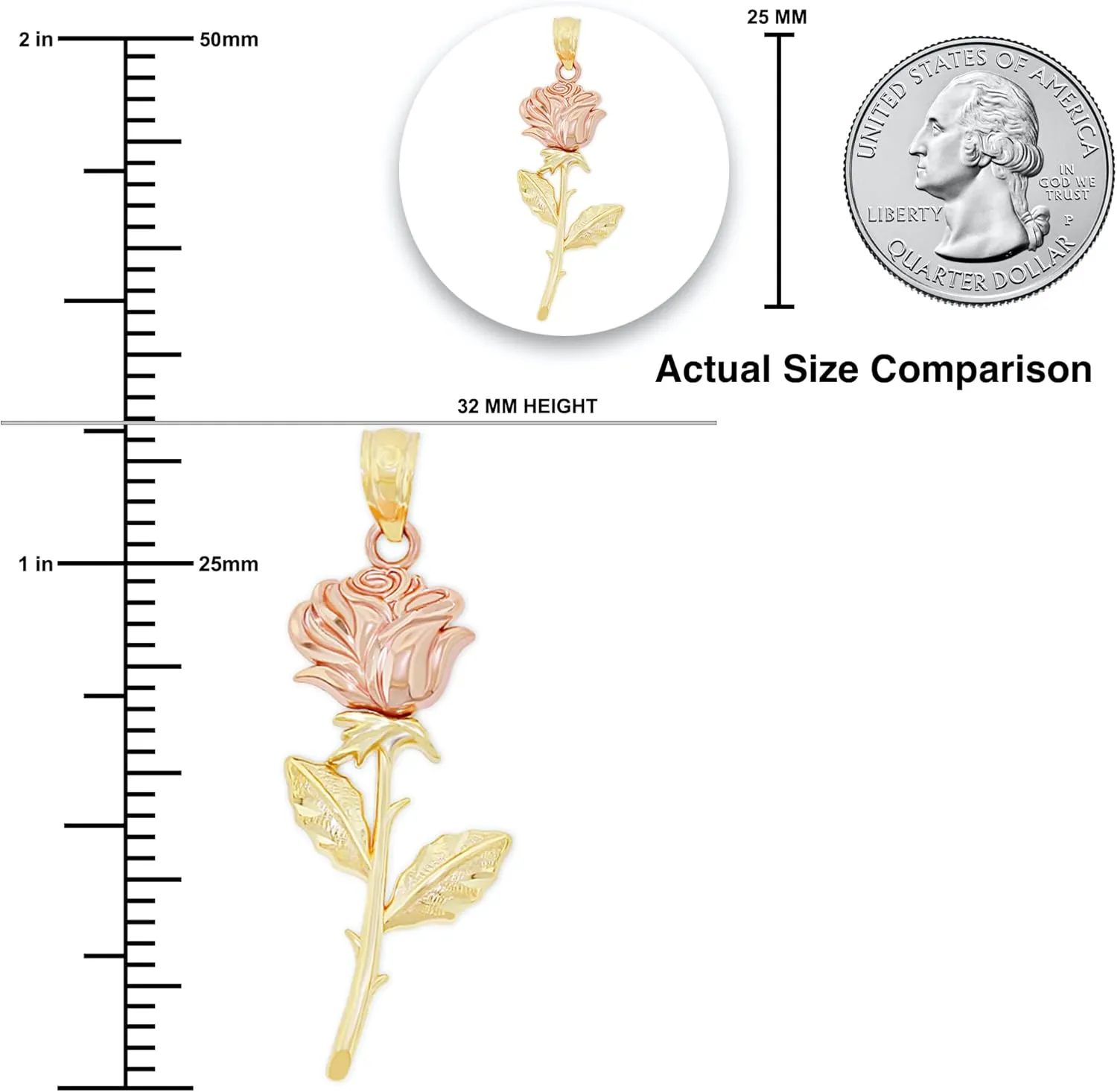 CA CHARMAMERICA Gold Long Stem Rose Pendant - Mother's Day Gift, Birthday Gift - Flower Dangle Charm - 10 Karat Solid Yellow and Rose Gold