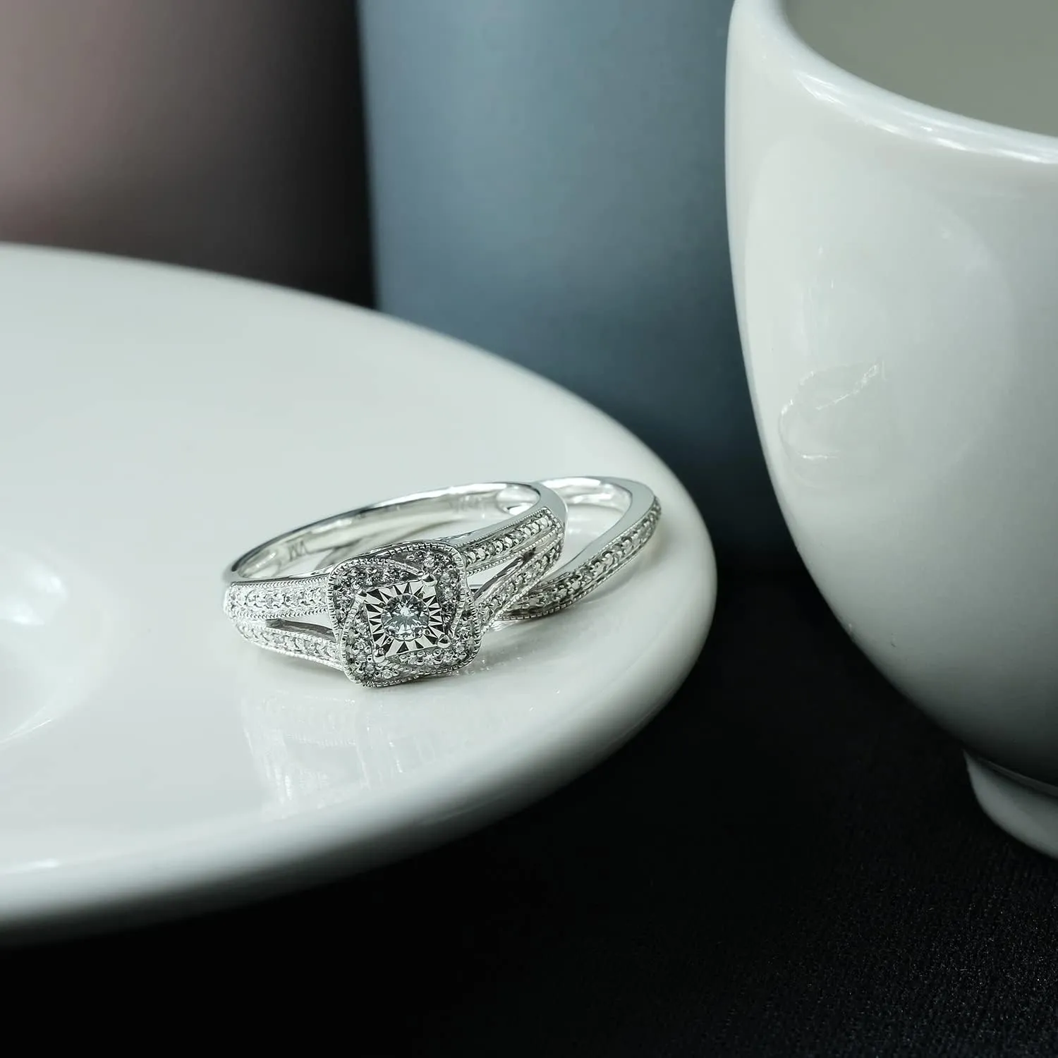 Cali Trove 1/5 CT Natural Diamond Bridal Ring Set | 14KT & 18KT Gold Vermeil Diamond Wedding & Engagement Rings | Twisted Halo Rings for Women in White Yellow or Pink Gold | Mother's Day Gifts