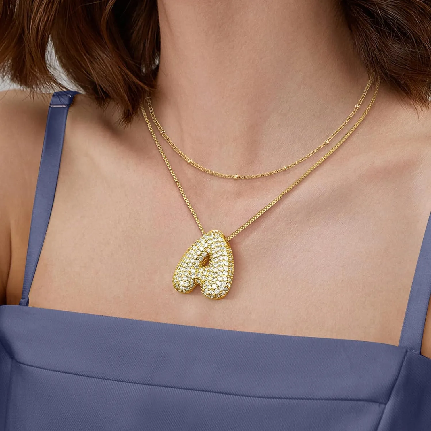 CandyHome Bubble Letter Necklace Gold, Dainty 18K Gold Plated Initial Necklaces for Women, A-Z Letter Layered Gold Necklace for Women Name Alphabet CZ Pendant Chain Personalized Jewelry Gifts