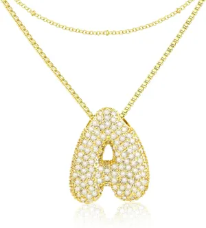 CandyHome Bubble Letter Necklace Gold, Dainty 18K Gold Plated Initial Necklaces for Women, A-Z Letter Layered Gold Necklace for Women Name Alphabet CZ Pendant Chain Personalized Jewelry Gifts