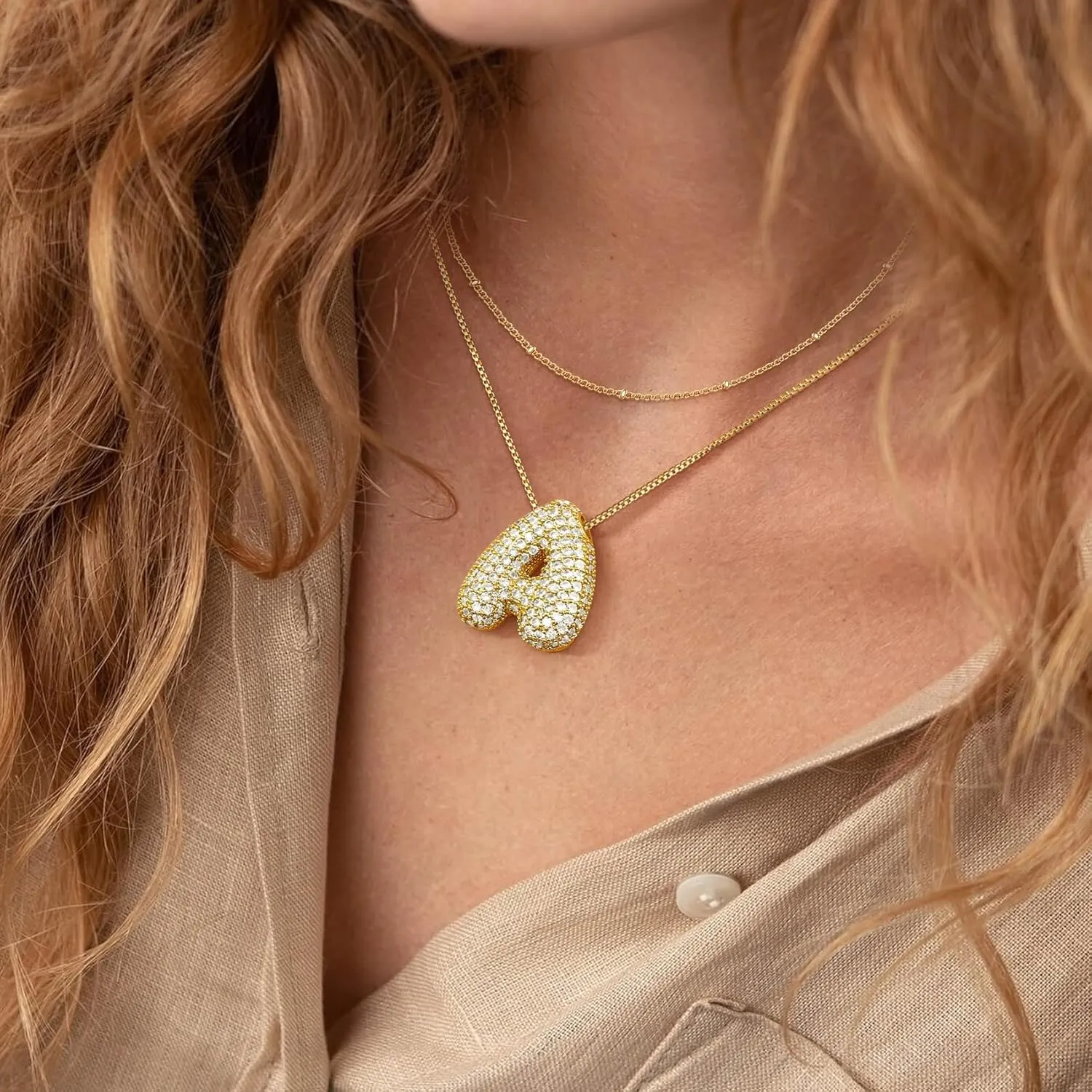 CandyHome Bubble Letter Necklace Gold, Dainty 18K Gold Plated Initial Necklaces for Women, A-Z Letter Layered Gold Necklace for Women Name Alphabet CZ Pendant Chain Personalized Jewelry Gifts