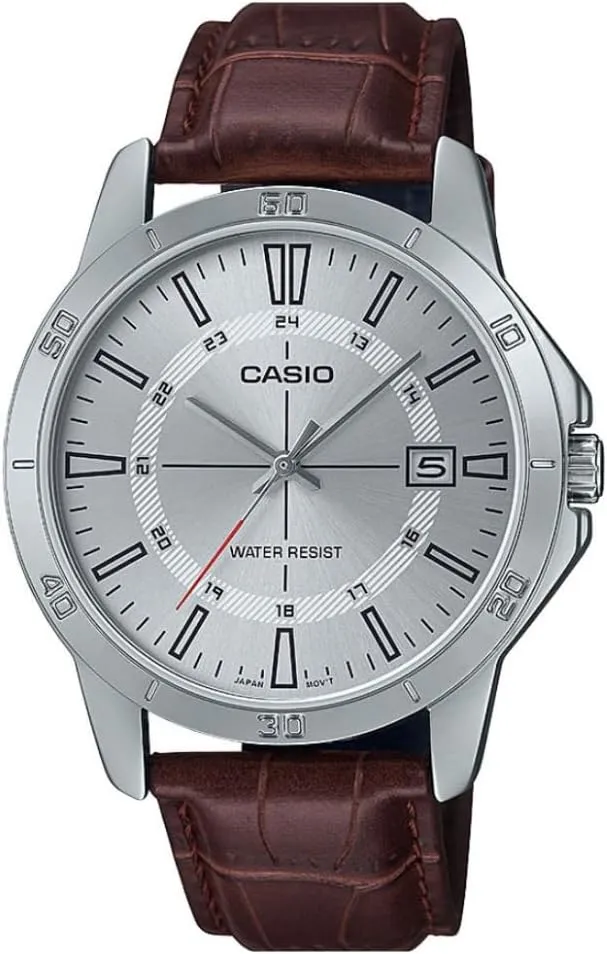 Casio Men's Analog Quartz Watch with Leather Strap MTP-V004L-7CUDF, Brown-Silver, One Size, Strap
