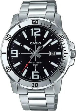 Casio MTP-VD01D-1BV Men's Enticer Stainless Steel Black Dial Casual Analog Sporty Watch, Silver, 484210.7mm, Quartz Movement