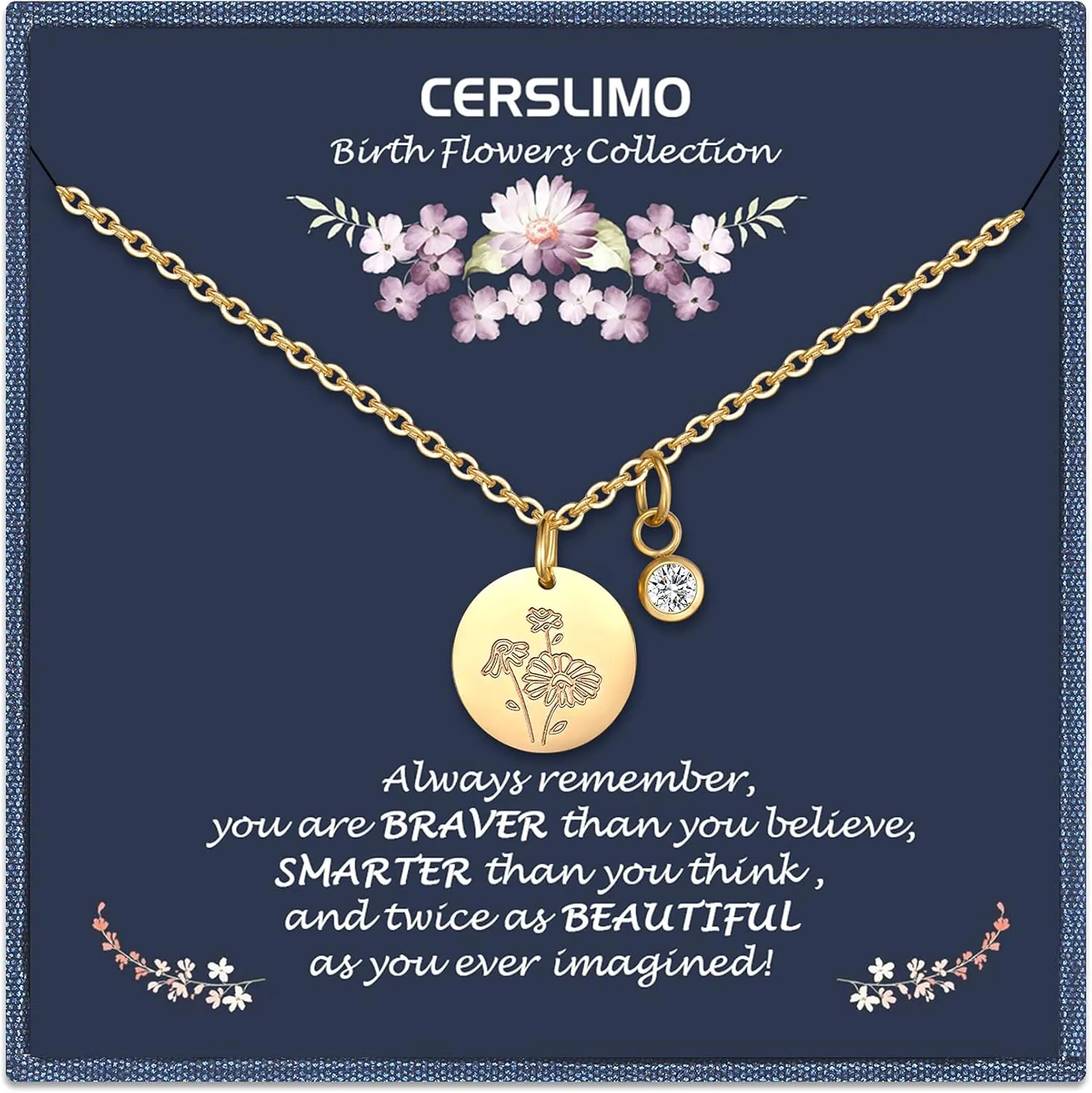 CERSLIMO Birthday Gifts for Her Birth Flower Necklaces, 18K Gold Plated Dainty Birth Month Floral Birthstone Disc Coin Pendant Necklaces | Women Wildflower Jewelry Gifts for Valentines Anniversary