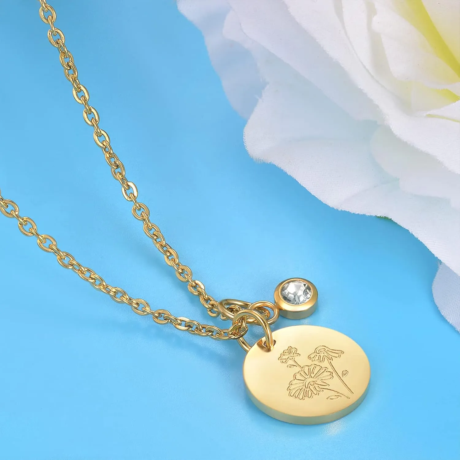CERSLIMO Birthday Gifts for Her Birth Flower Necklaces, 18K Gold Plated Dainty Birth Month Floral Birthstone Disc Coin Pendant Necklaces | Women Wildflower Jewelry Gifts for Valentines Anniversary