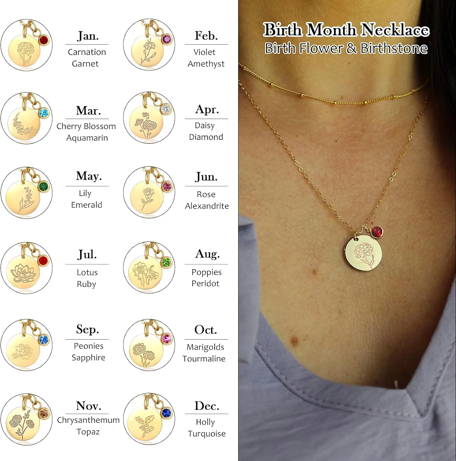 CERSLIMO Birthday Gifts for Her Birth Flower Necklaces, 18K Gold Plated Dainty Birth Month Floral Birthstone Disc Coin Pendant Necklaces | Women Wildflower Jewelry Gifts for Valentines Anniversary