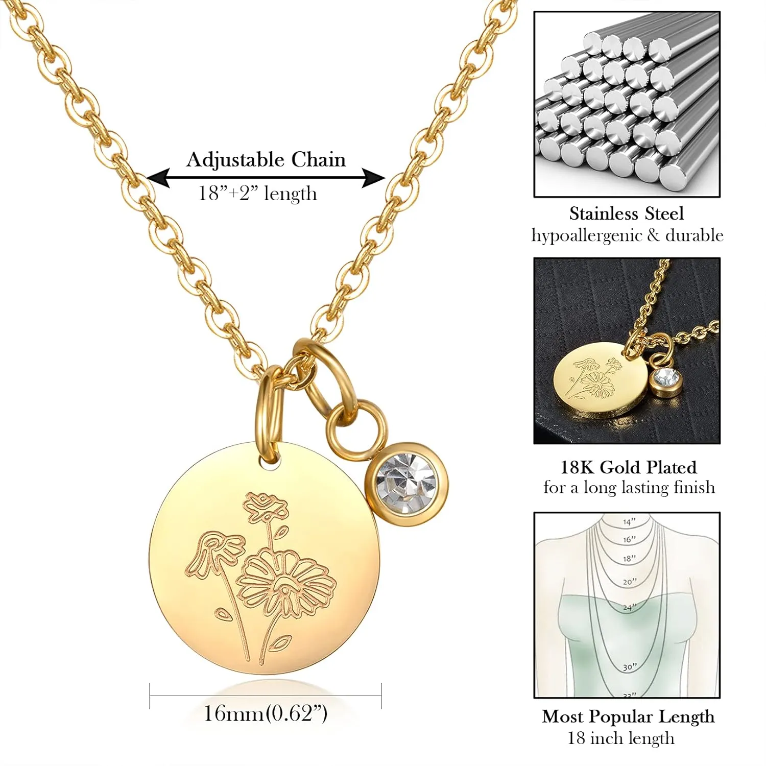 CERSLIMO Birthday Gifts for Her Birth Flower Necklaces, 18K Gold Plated Dainty Birth Month Floral Birthstone Disc Coin Pendant Necklaces | Women Wildflower Jewelry Gifts for Valentines Anniversary