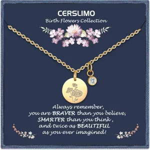 CERSLIMO Birthday Gifts for Her Birth Flower Necklaces, 18K Gold Plated Dainty Birth Month Floral Birthstone Disc Coin Pendant Necklaces | Women Wildflower Jewelry Gifts for Valentines Anniversary
